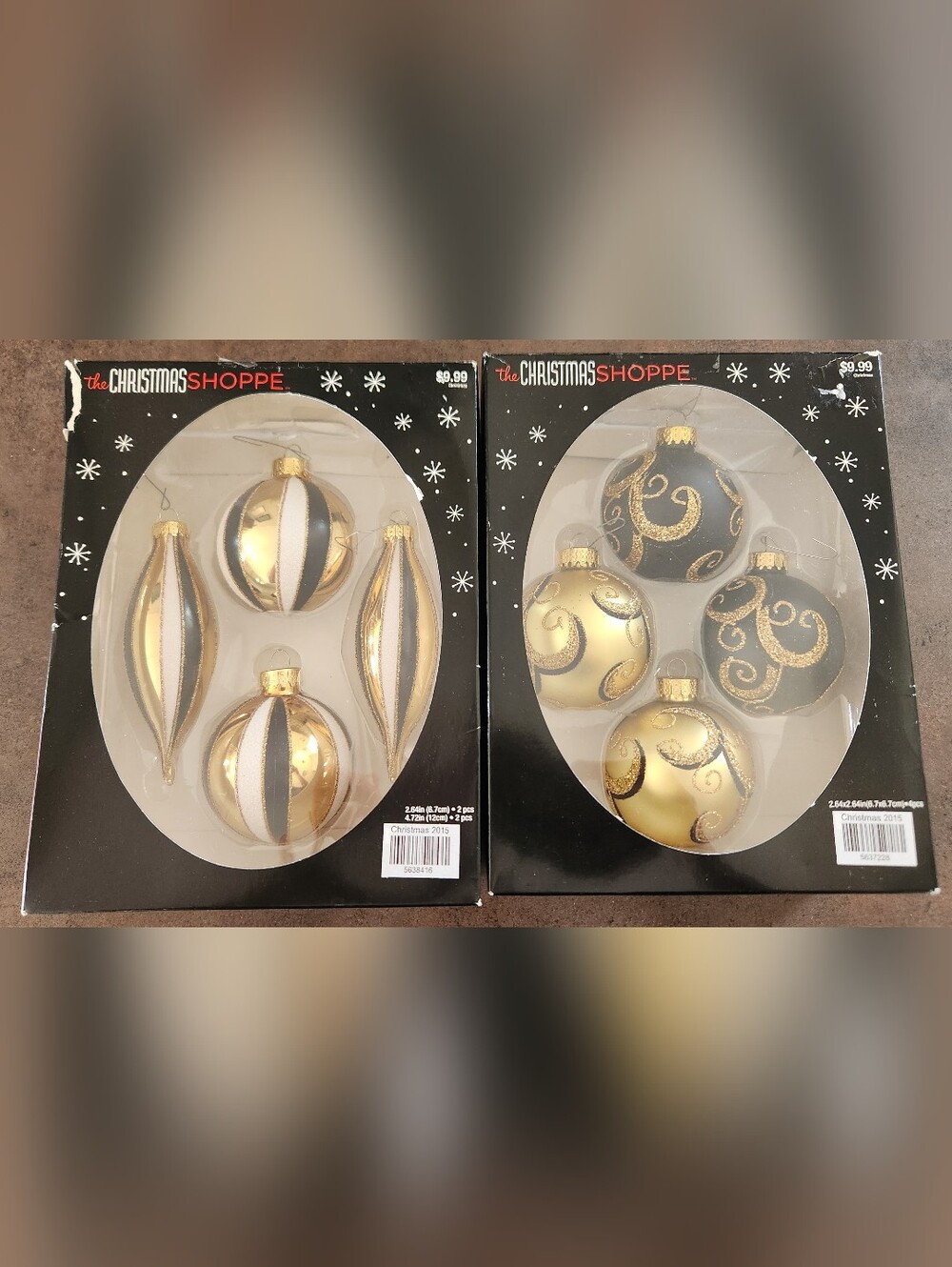 8 Vtg Glass Black, Gold and White Christmas Ornaments